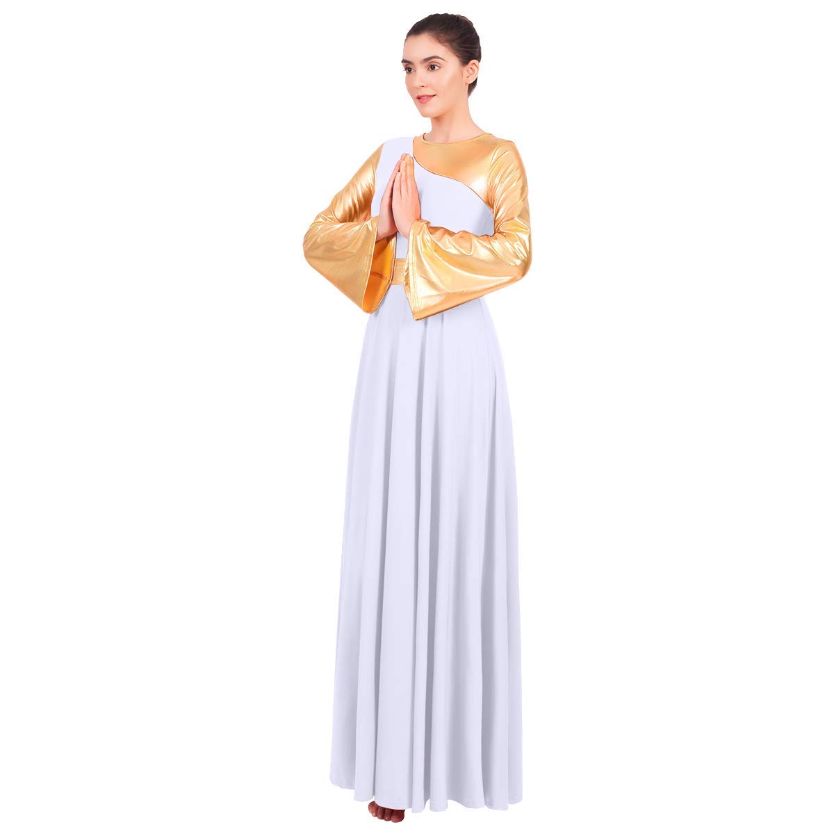 FYMNSI Liturgiques Robe de Danse Femme Cloche à Manches Longues Robe de Soirée Chambre Cocktail Métallique Contraste Plissé Robe de Ballet Classique Robe de Latine Valse Spectacle XS-3XL