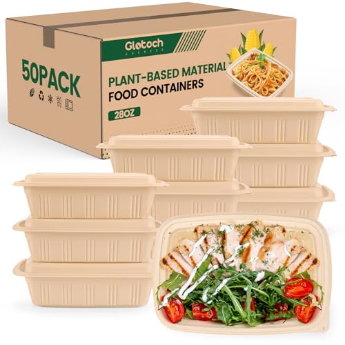 100 Piece (50 Pack) Meal Prep Containers with Lids, 28 oz Cornstarch Food Storage Containers...