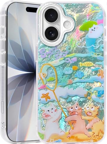 Casegis Compatible with iPhone 17 Case,with [Soft Slim][Camera Protection] Cute Fishing Cats Shiny Aesthetic Phone Cover Anti-Yellowing Shockproof Protective Cover for Women Girl