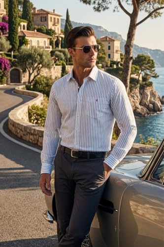 Image of Louis Philippe Men's Slim Fit Signature Oxford Easy Care, Natural Stretch Full Sleeve Stripe Casual Shirt