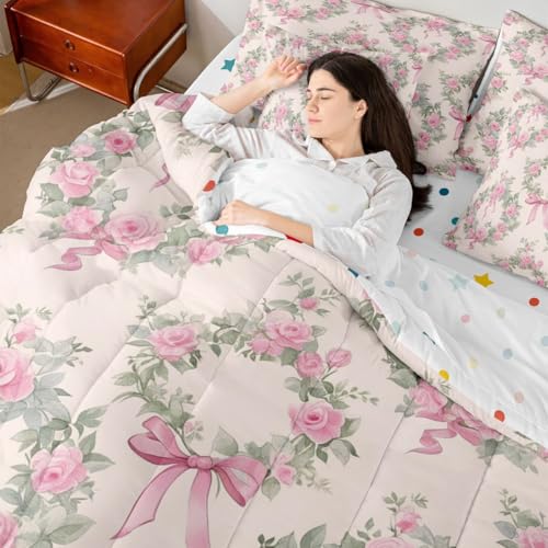 Image of Pink Bow Bed in a Bag Queen Comforter Set 7 Piece | Romantic Rose Bedding Sets Dreamy Boho Floral Comforter and Sheet Set, Princess Bowknot Bed Sets,Cute Room Decor Aesthetic Kawaii