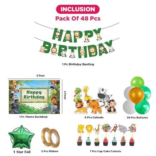 Image of Pixelfox Jungle Theme Birthday Decoration Kit - 48 Pcs Safari Party Supplies | Green & Gold Metallic Balloons, Paper Banner Combo | Wild One Party Decor for Kids