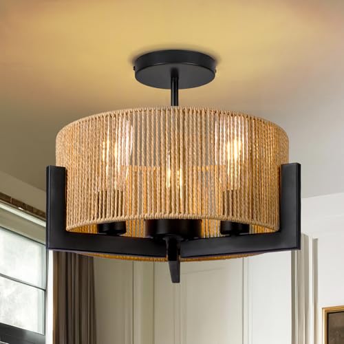 Scyvenra Boho Light Fixture,13.6'' Rattan Ceiling Lights,3-Light Coastal Semi Flush Mount Ceiling Light Fixture,Farmhouse Chandelier, Nursery Light Fixtures,Flush Mount Lights for Bedroom Entryway
