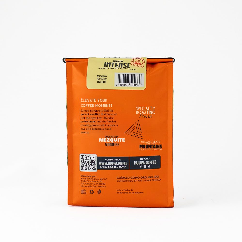Huupa Coffee - Intense Wood-Fired Roasted Ground Coffee - 100% Arabica and Robusta Bean Blend - High in Caffeine - Dark Roast - INTENSE 1lb