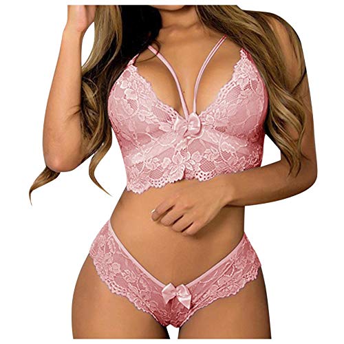XIAOQI Damen Spitzen Push Up BH Unterwäsche Dessous Sets Sexy Erotische Reizwäsche Bra und Slip Stickerei Unterwäsche und Slip Set Push Up Bra (Pink, XXXXXL) Cover