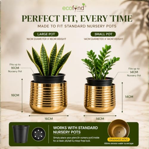 Image of ecofynd 2 Pack Metal Plant Pots (6 inch, 5 inch), Indoor Small Planter Flower Pots, Home Garden Decor Planter for Living Room Bedroom Interior (Gold Finish, POT052)