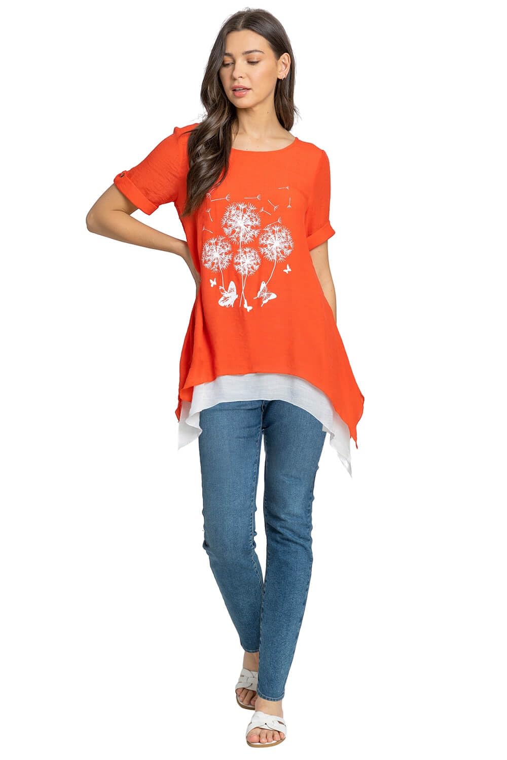 Roman Women's Dandelion Floral Hanky Hem Tunic Top in Orange | Size: 10