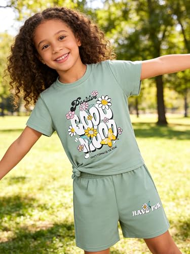 Image of KIDLAGA Toddler Kid Girl Outfits Clothes Floral Short Sleeve T-Shirt Top + Waist Pocketed Summer Short Sets 4-7T Girl Clothes