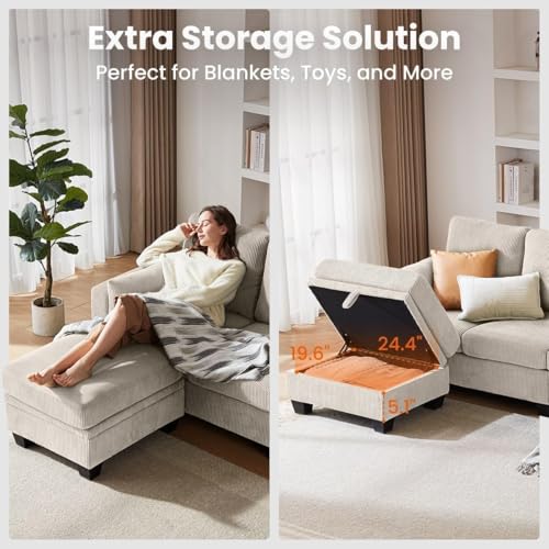 Image of CHIC HOUSE Modular Sectional Sofa with Storage Ottomans, Corduroy Cloud Couch for Small Spaces & Apartments, Reconfigurable L /U Shaped Convertible Corner Sofa, Beige, 5 Seater Sectional