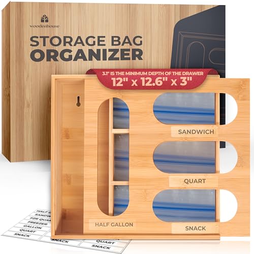 Bamboo Storage Bag Organizer, Sandwich Bag Organizer - Single Block Design for Kitchen Organization, Baggie Organizer for Drawer - Quick Refill Slider, Fits Half Gallon, Quart, Snack Size Bags