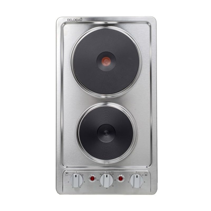 BELDEKO Table de cuisson électrique 2 zones – Domino encastrable inox et fonte 3000 W, 2 foyers (Ø 15 cm & 18,5 cm), commandes mécaniques + minuterie 120 min
