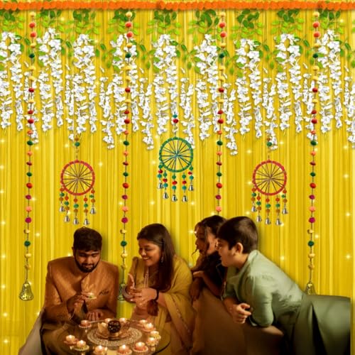 Image of Shimmers Decoration Kit Set of 17 Pcs, Yellow Net Curtains with Artificial Wisteria Flowers, Marigold Garland, Dream Catcher Hanging and Hooks for Ganpati Decoration Home Decor Setup