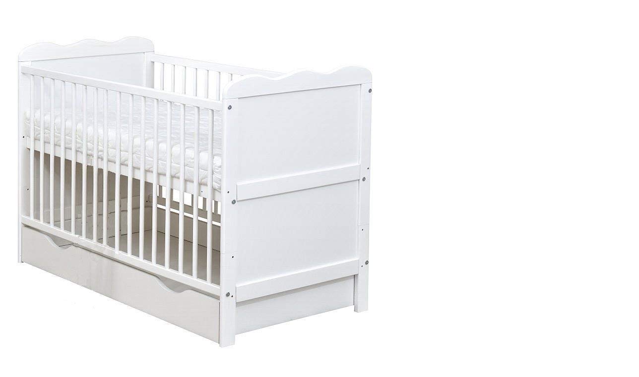 Buy White Wooden 120x60cm Baby Cot Bed with Drawer & Mattress (Cot Bed