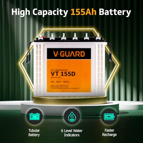 Image of V-Guard Inverter & Battery Combo (Prime 750 Pure Sine Wave 650VA / 12V Inverter, VT 155D 150 Ah Tall Tubular Battery) for Home, Office & Shops