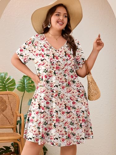 Image of AusLook Plus Size Midi Dress for Women Loose V Neck Short Sleeve Summer Casual A Line T Shirt Sundresses with Pockets 1X-5X