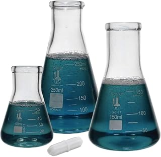 Glass Erlenmeyer Flask Set with Magnetic Stir Bar - 3 Sizes - 50, 150 and 250ml, 3.3 Borosilicate Glass, Karter Scientific 214U7