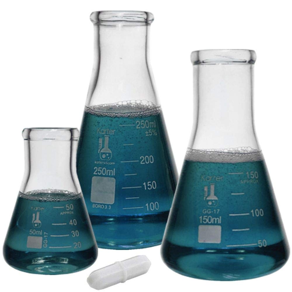 Glass Erlenmeyer Flask Set with Magnetic Stir Bar - 3 Sizes - 50, 150 and 250ml, 3.3 Borosilicate Glass, Karter Scientific 214U7