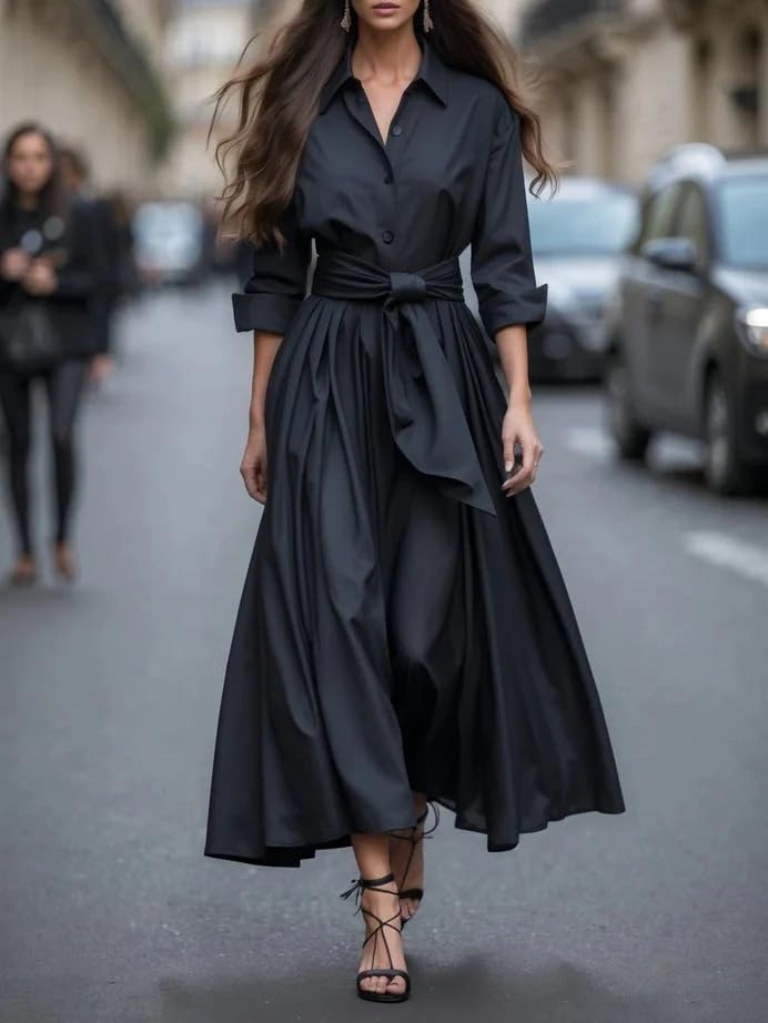 Women Maxi Coat Dress Long Sleeve Belted Lapel Button Down Trench Style Shirt Dress Flared Gown2