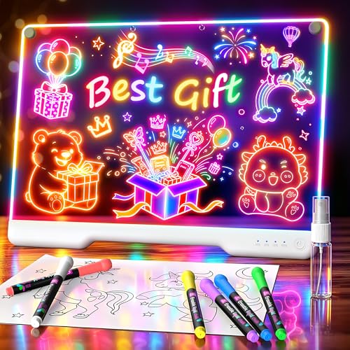 LED Drawing Board with 9 Light Effects Rechargeable 16 Glow Doodle Note Message Board with Colors Neon Light Up Drawing Pad Gift Ideas for Kids Birthday Christmas with Markers & Tracing Book