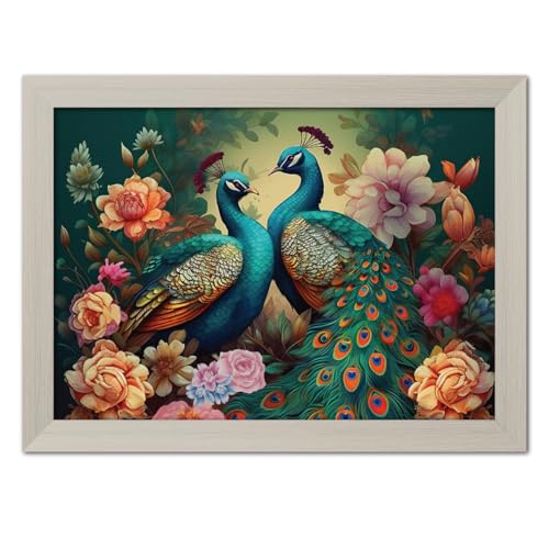 Image of TenorArts Peacock Love Birds Photo Frame Vastu Positivity Aesthetic Wall Painting Lucky Couple Art Frames with White Wooden Texture for Living rooms Office Bedroom - Wall Paintings / Hangings (12inches x 9inches)