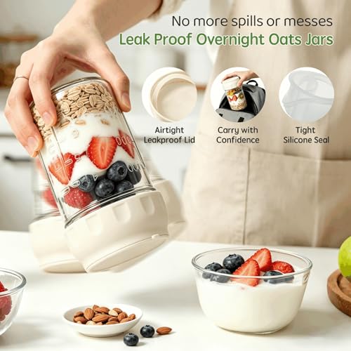 Image of Overnight Oats Containers with Lids and Spoon 2 Pack, 16oz Leakproof Glass Oat Over night Jar with Seperate Compartment for Fruit & Nuts, Mason Jars for Oatmeal Yogurt Chia Seed Pudding Meal Prep