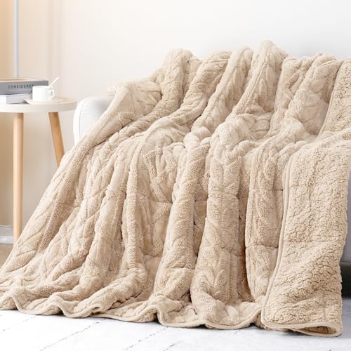 Image of Cottonblue Jacquard Weighted Blanket 15 lbs for Adults Queen Size, Ultra Soft Sherpa Fleece Blanket for Relax and Sleep, Cozy Comfort Heavy Bed Blankets with Glass Beads, 60x80 Inches, Beige