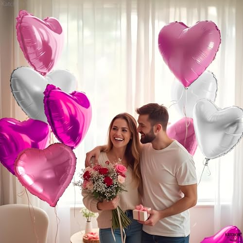 Image of KatchOn, Silver and Pink Heart Balloons- 18 Inch, Pack of 12 | Heart Shaped Balloon for Valentines Day Decorations | Galentines Balloons for Galentines Day Decorations | Happy Valentines Day Balloon
