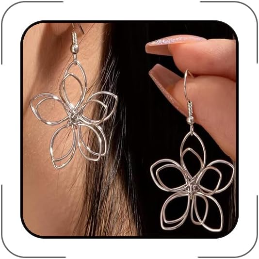 Large Flower Drop Earrings for Women, Boho Wire-Wrapped Geometric Openwork Petal Dangle Earrings, Hypoallergenic Lightweight Statement Jewelry for Party Wedding Daily Wear