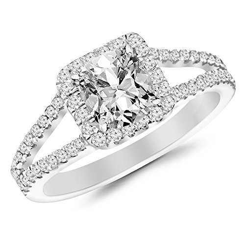 14K White Gold 2 Carat LAB GROWN DIAMOND Halo Style Double Row Pave Set Designer Cushion Cut Diamond Engagement Ring (E-F Color VS2-SI1 Clarity 1.5 Ct Center)