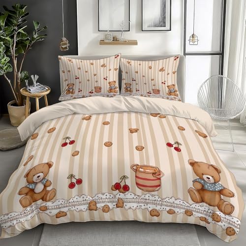 Poupée Cartoon Housse de Couette 140 x 200 cm Ours Teddy Décoration Parure de Lit Enfants Garçons Filles en Microfibre avec Fermeture Éclair Beige Linge de...