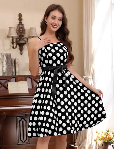 Image of Women Vintage Polka Dot 1950s Rockabilly Halter Audrey Dress Retro Floral Evening Cocktail Swing Dress