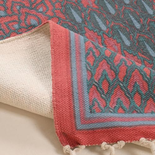 Image of Peepul Tree Handmade Pure Cotton Rug for Living Room | Multipurpose Carpet for Hall, Bed Room and Corridor | Floor Rugs | Sustainable Dhurrie | 3x5ft | Coral, and Teal | Chintz Collection