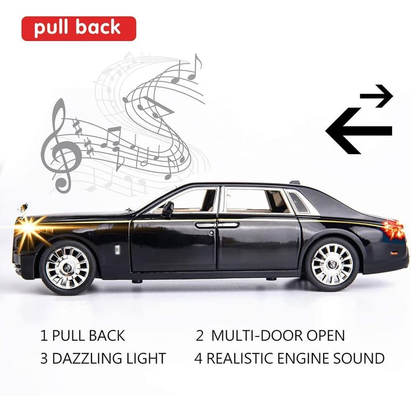 Image of Kids Model 1:24 Rolls-Royce Phantom Die Cast Metal Car Pull Back Action Opening Doors with Realistic Engine Sound Lights Toy Car Gift for Boys -Black