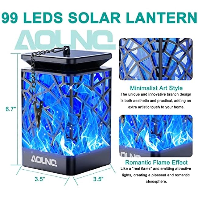 Solar Lanterns Outdoor Waterproof, Upgraded 99 LEDs Hanging Solar Lights for Outside with Auto On/Off & Metal Clip, Blue Flickering Flame Outdoor Lanterns Decorative for Garden Yard, 2 Pack