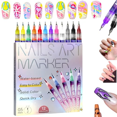 12 Colors Nail Art Pens Set, Nail Art Markers Polish Pen DIY Nail Art Marker Drawing Painting 3D Nail Polish Pens, Quick Dry Dotting Point Liner Pens for DIY Nails Arts Drawing Painting Tools (12 Pcs)