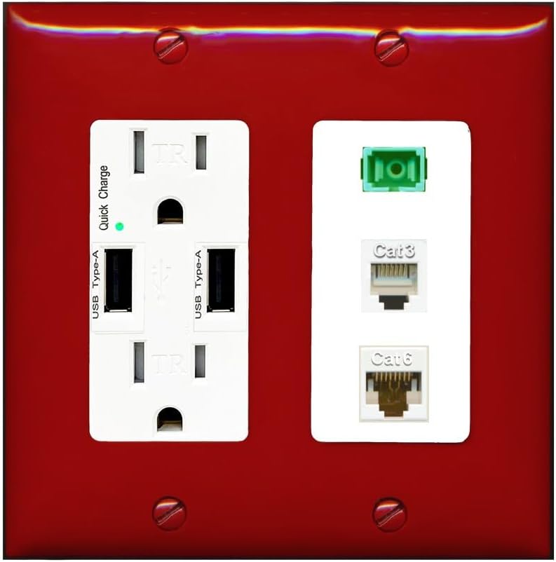 RiteAV 1 Port SC APC Simplex Phone and Cat6 Ethernet Wall Plate - USB Charger Outlet [Black/Black]