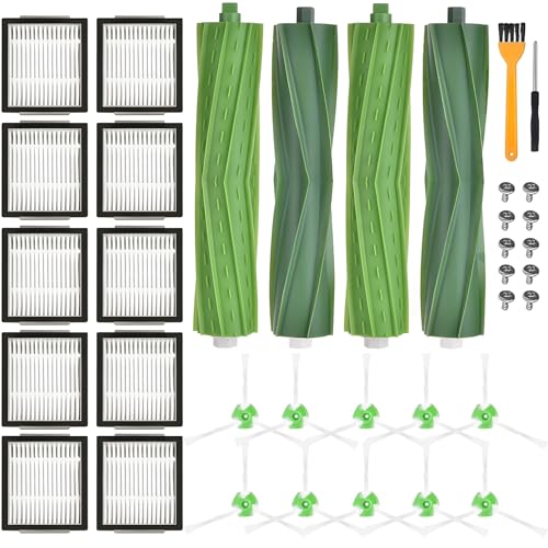 SaiXuan Kit de Recambios para Roomba iRobot i3/i3+, i4, i6/i6+, i7/i7+, i8/i8+, E5 E6 E7 – 2 Juegos de Rodillos, 10 Filtros, 10 Cepillos Laterales, 10 Tornillos, Cepillo de Limpieza y Destornillador