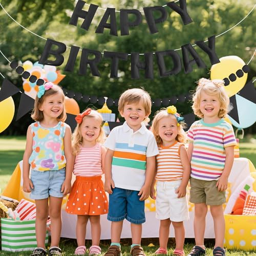 Image of CANREVEL Pre-Strung 3D Rainbow Happy Birthday Banner, 3 PCS Happy Birthday Felt Sign, Pom Pom Garland, Triangle Fabric Bunting, Colorful Reusable Birthday Decorations for Women Men Girls Boys, Black