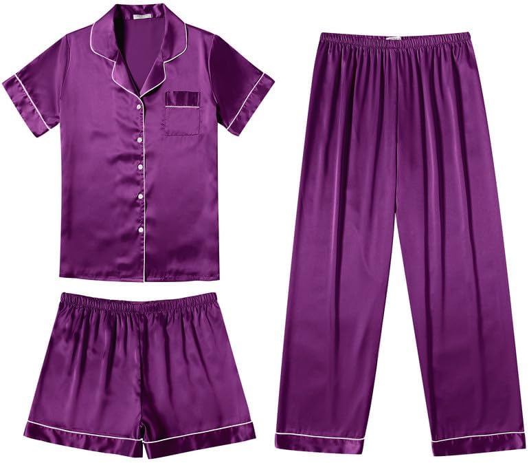 Ekouaer Silk Pajamas for Women Set Satin Pjs Soft Short Sleeve Button Down Sleepwear 3 Piece Loungewear S-XXL