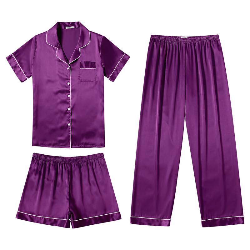 Image of Ekouaer Silk Pajamas for Women Set Satin Soft Short Sleeve Button Down Pjs | 3 Piece Loungewear,Comfy Sleepwear,Silky Smooth Fabric,Gift for wedding,Bridal Party,Coffee Time,Vacation