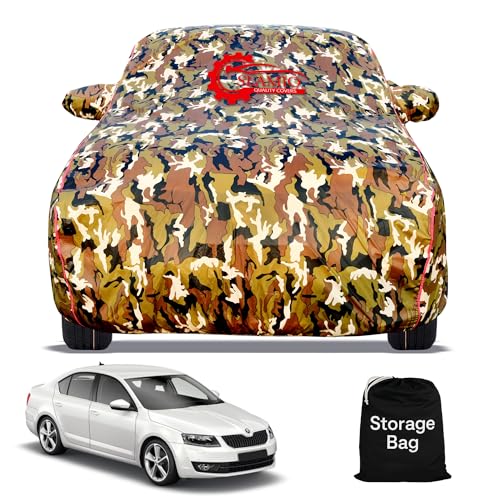 Image of Waterproof Car Body Cover for Skoda Octavia (2021-2024) with Mirror Pocket, Soft Cotton Lining, Triple Stitched, Full Bottom Elastic (Heat Resistant Jungle Print with Red Piping)