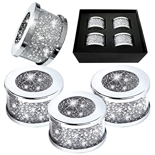 DEWZI 4 Pack Silver Diamond Glass Napkin Holder Ring Stainless Steel Framed Crystal Silver Napkin Rings Set,Glam Serviette Buckles Cloth Holder Bling Crushed Diamond Table Settings Home Decor