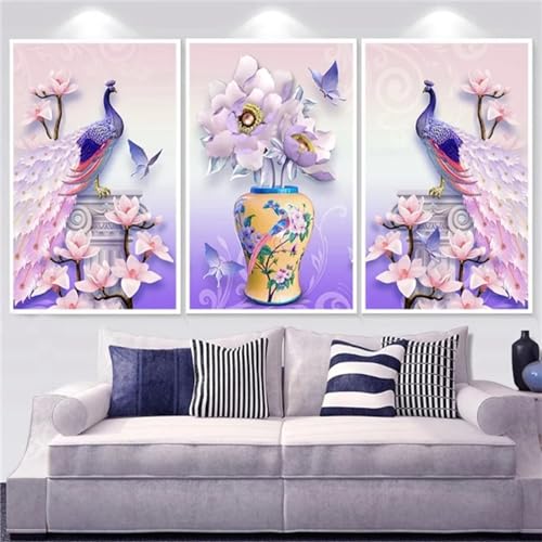 Broderie Diamant Grand Format Fleurs de paon - Kit triptyque premium aux reflets scintillants