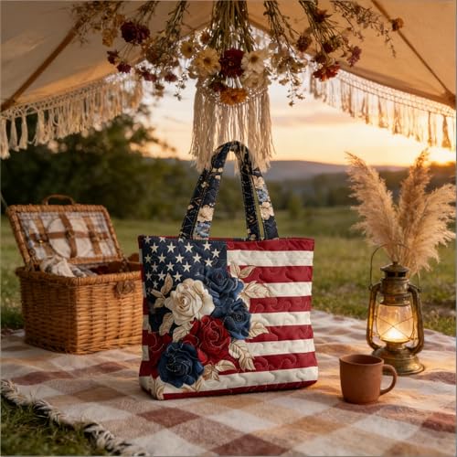 Bolso tote estampado bandera americana floral para mujer miniatura 7