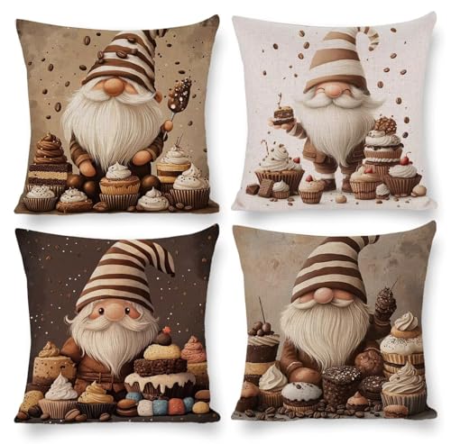 クッションカバー 60x60cm 亜麻 装飾枕カバー 4枚セット 北欧 おしゃれ 可愛い インテリア アクセント 部屋飾り ソファ 椅子 車内 ベッド ソファー用クッションカバー 抱き枕カバー ソファ背当て 装飾枕カバー 座布団カバー (小人ケーキ) m-