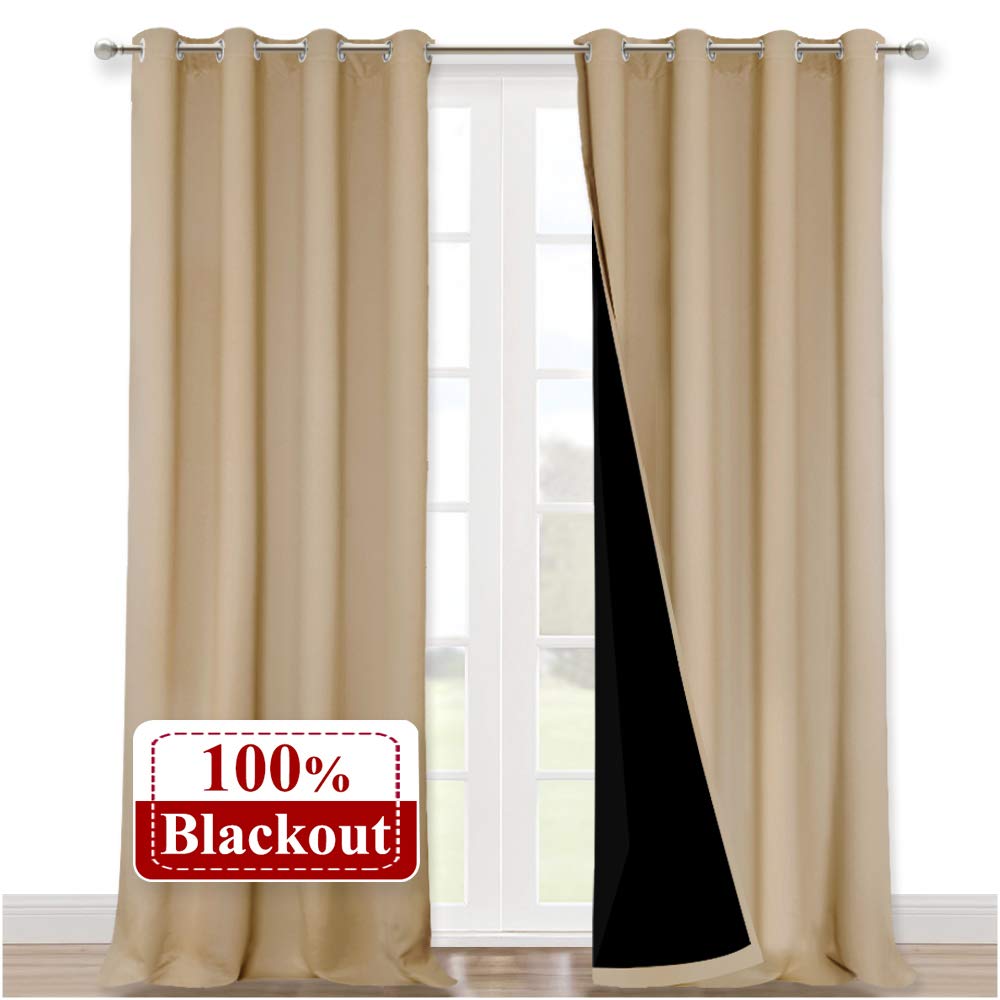 NICETOWN Thermal Insulated 100% Blackout Curtains, Biscotti Beige, 1 Pair, 52 inches x 120 inches, Sound Proof Drapes with Black Backing, Full Light Blocking Panels for Patio Sliding Door