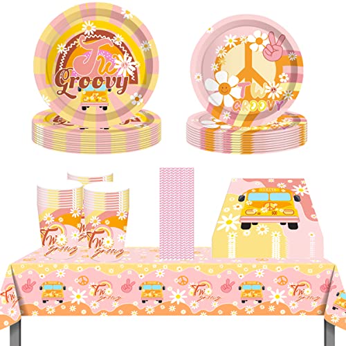 ZOOMPIL Lot de Vaisselle Two Groovy pour 8 Invités, Assiettes, Gobelets, Serviettes, Pailles et Nappe Bohème Hippie Arc-en-Ciel, Décorations pour...