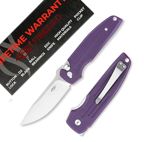 Firebird GANZO FH926-PL Sturdy Pocket Folding Knife Button Lock D2 Steel Blade G10 Anti-Slip Handle with Clip Camping Outdoor EDC Utility Knife Best Gift for Men Women (Purple)