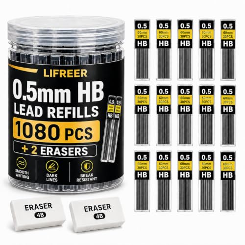 Image of 0.5 Lead Refills (1080 Pcs), Unbreakable 0.5 mm Lead Refills and 2 Premium Erasers, Long Lasting HB Pencil Lead 0.5 Refill,Mechanical Pencil Lead 0.5mm for Students & Professionals
