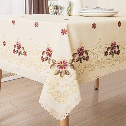 Wewoch Decorative Red Floral Print Lace Water Resistant Tablecloth Wrinkle Free and Stain Resistant Fabric Tablecloths for Kitchen Room 60 Inch by 84 Inch Red Floral 84" x 60" (Rectangular)